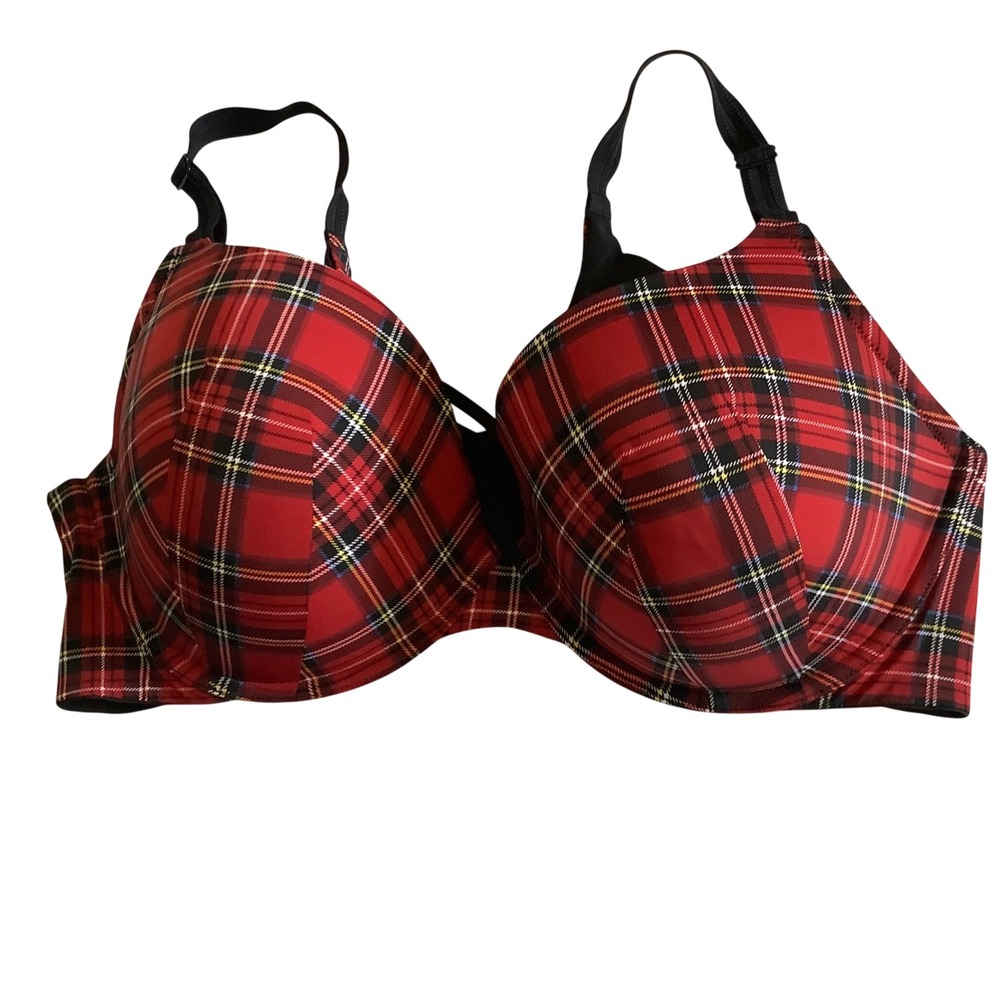 Torrid Curve Red Plaid Push-Up Bra Strappy Lace Up Center 44D Underwire